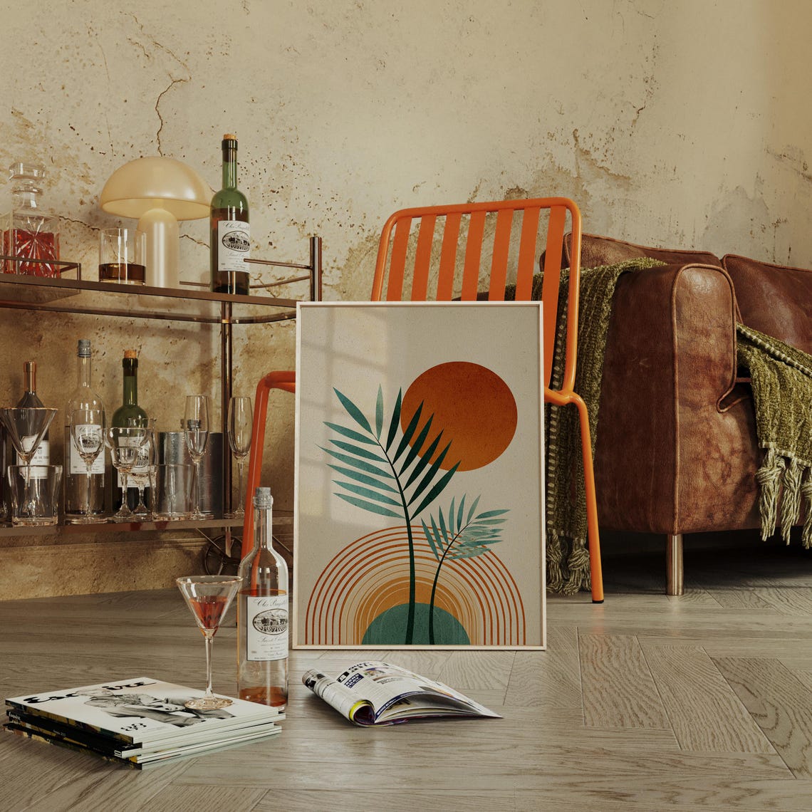 Tropical Palm Leaves With Retro Sun