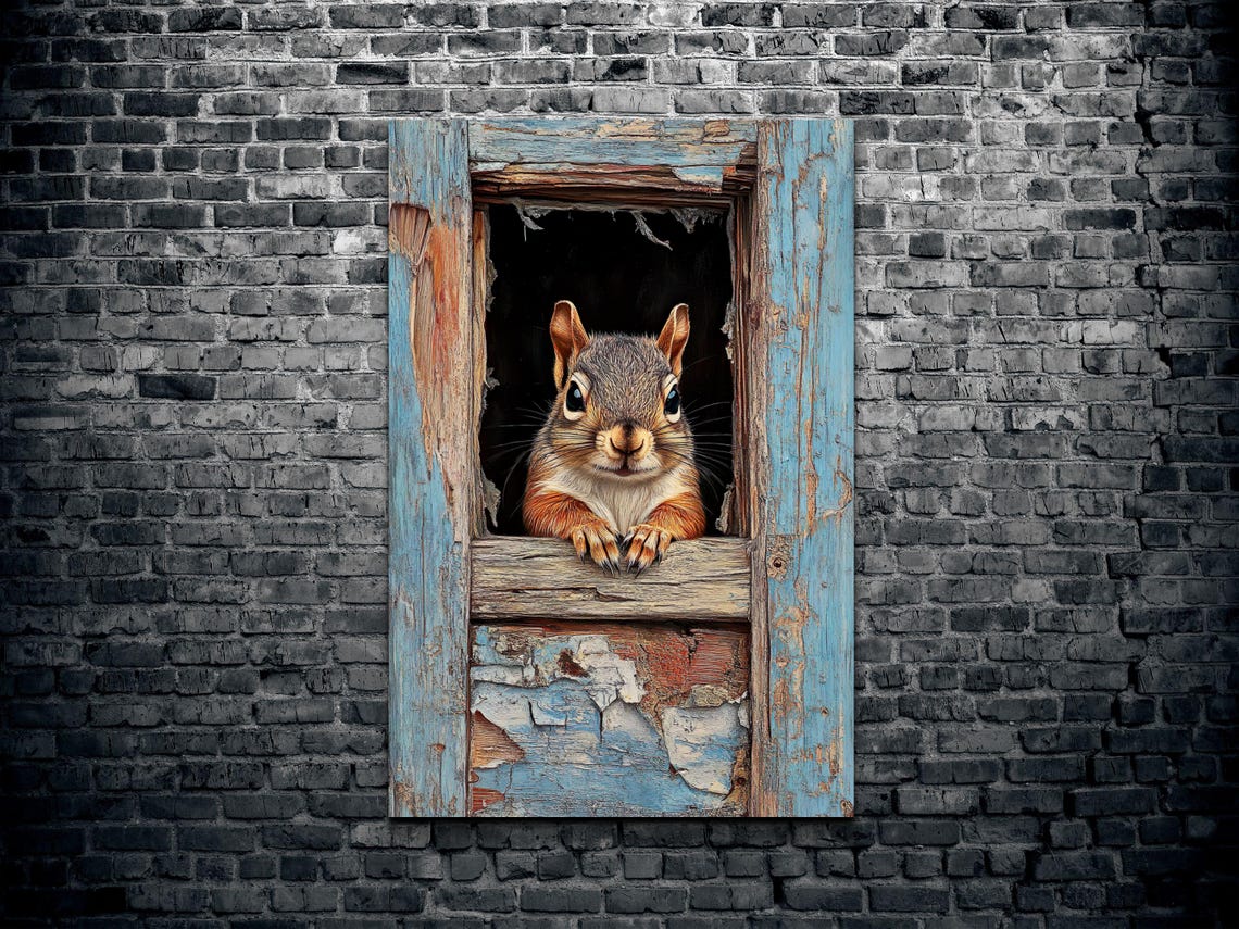 Curious Squirrel Peeking From Rustic Blue Window Animal Poster - Image 2