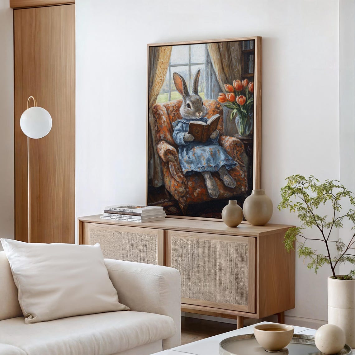 Rabbit Reading Book in Armchair by Window Whimsical Bunny Art Print - Image 5