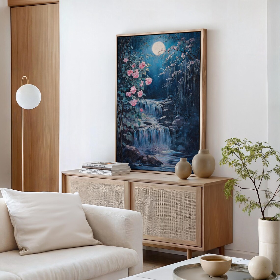 Moonlit Waterfall, Romantic Floral Night Scene - Image 5