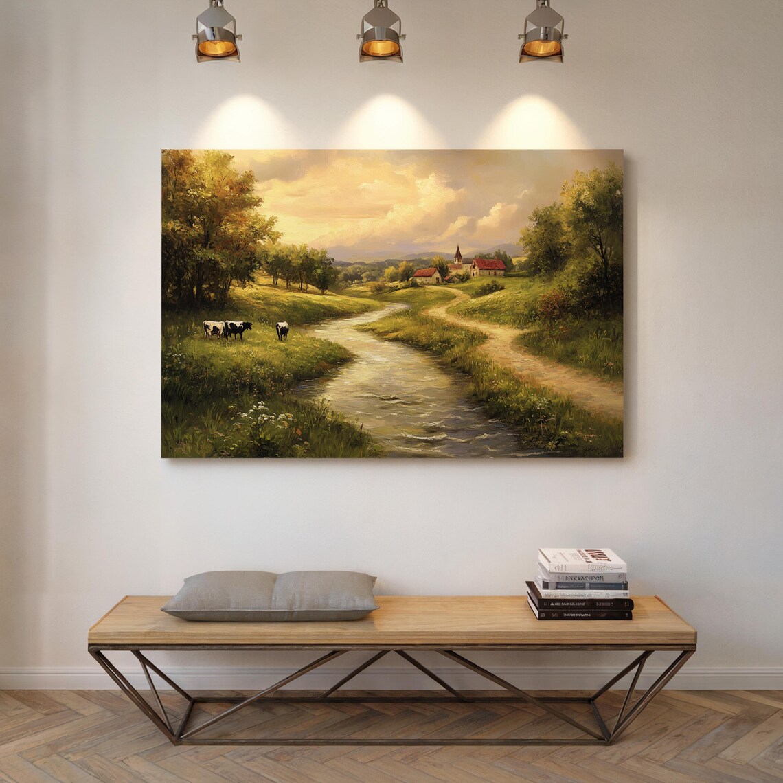 Vintage Farm River Landscape, Rustic Pastoral Scene - Image 3