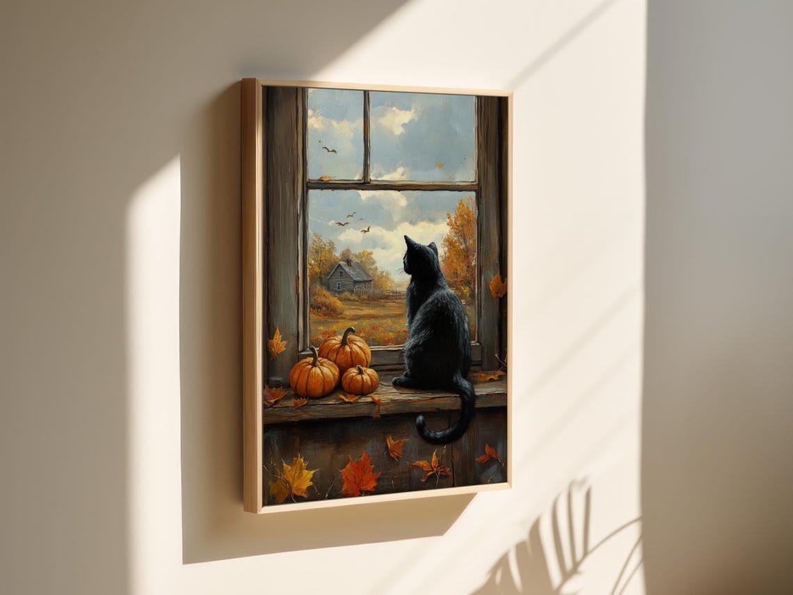 Autumn Black Cat and Pumpkins Rustic Window Scene Fall Poster - Image 5