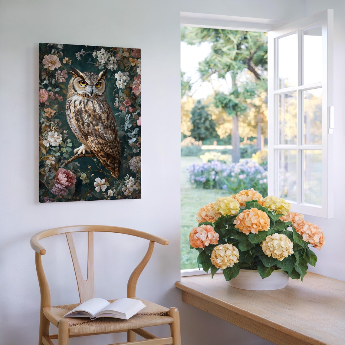 Great Horned Owl On Floral Branch Vintage Woodland Art Poster - Image 5
