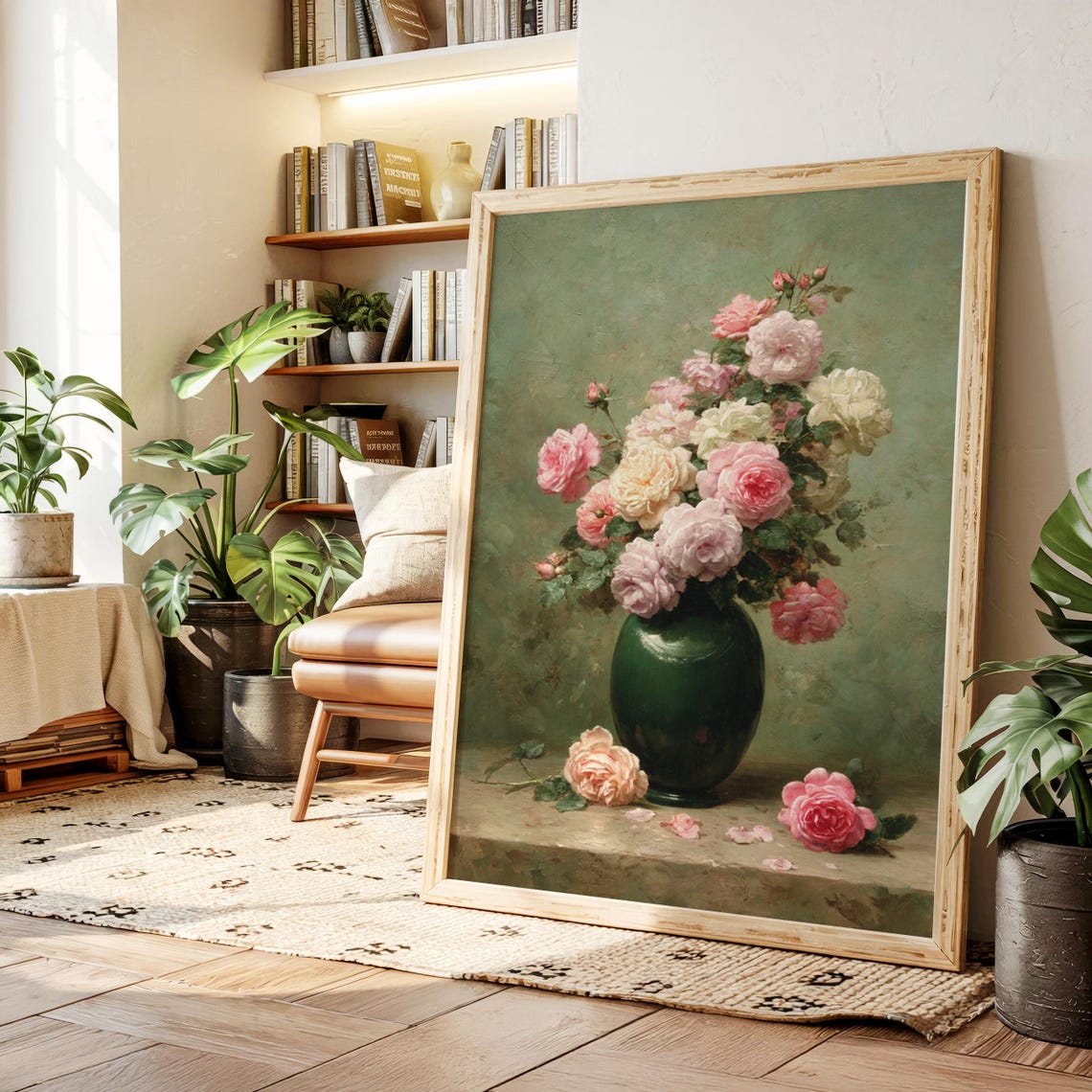 Vintage Pink and White Roses in Green Vase Romantic Floral Poster