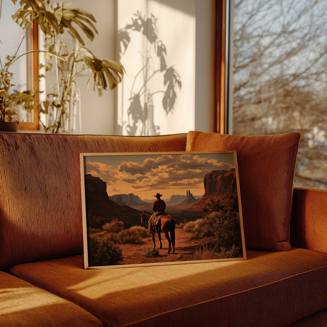 Cowboy Riding Into Monument Valley Sunset Western Art Poster