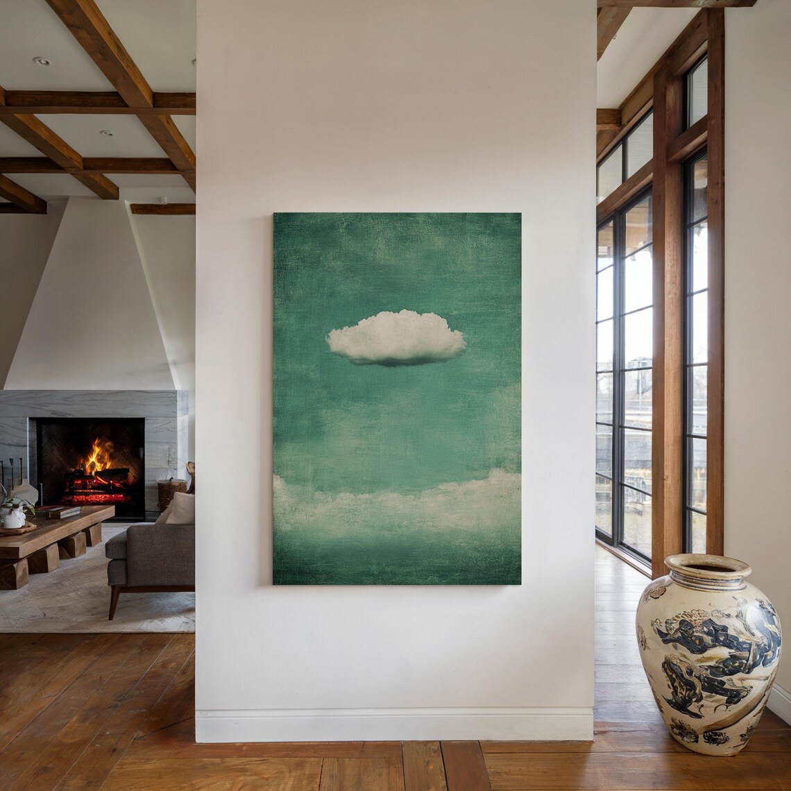 Minimalist White Cloud On Textured Green Sky - Image 4