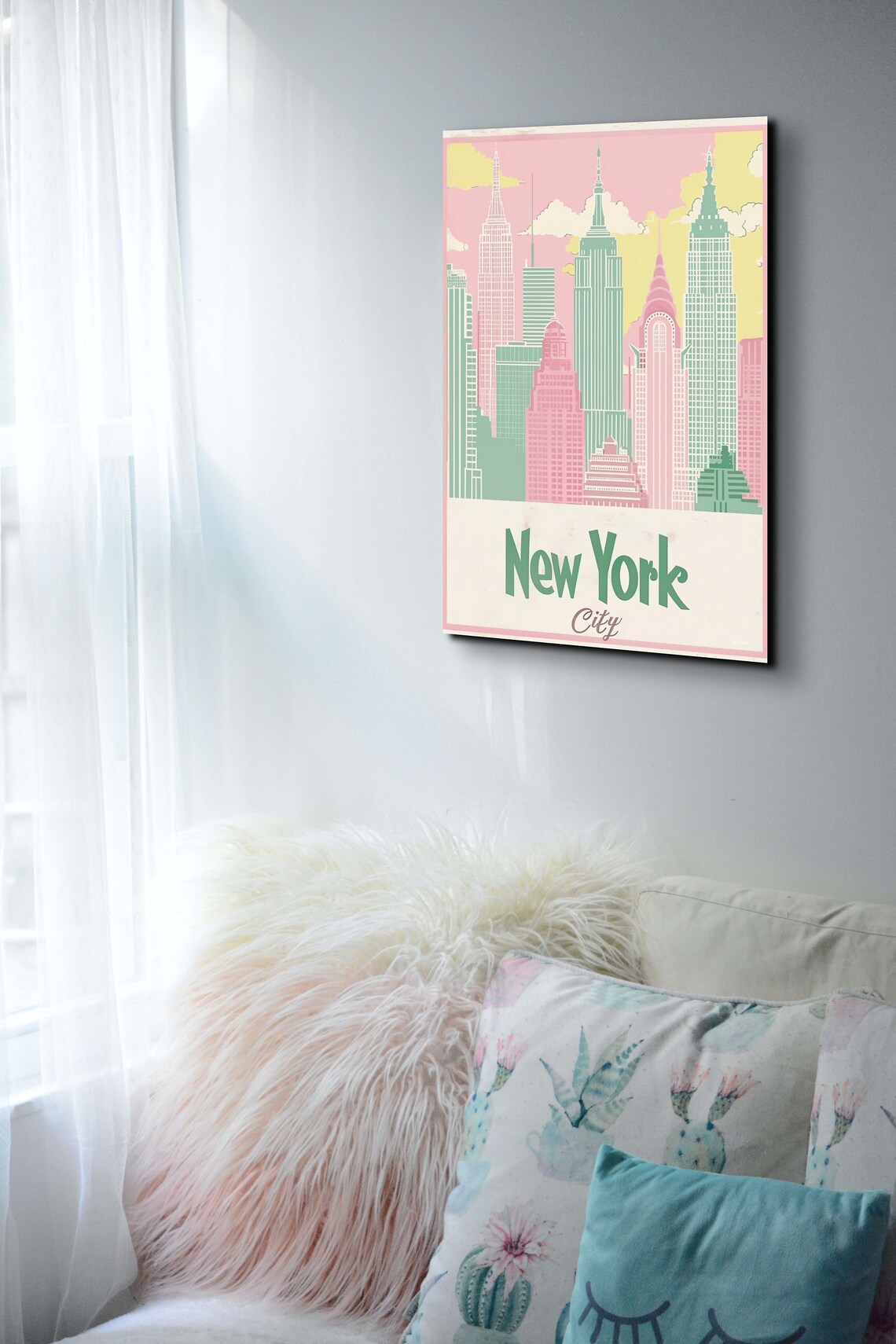 New York City Retro Skyline Pink Mint Vintage Travel Art Poster - Image 6
