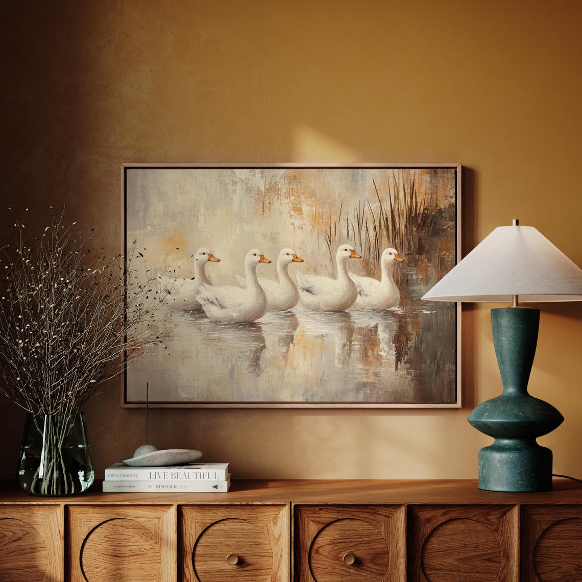 Five White Ducks Swimming On Pond Rustic Waterfowl Oil Painting Poster - Image 6