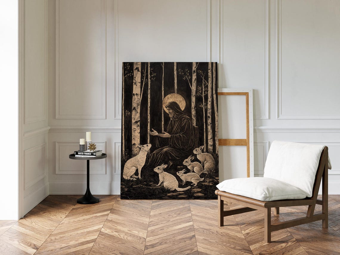 Monochrome Woodland Monk With Rabbits In Dark Birch Forest Wall Art - Image 4