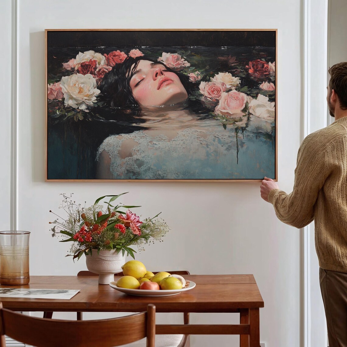 Serene Woman Floating Among Roses in Dark Still Water Art Poster