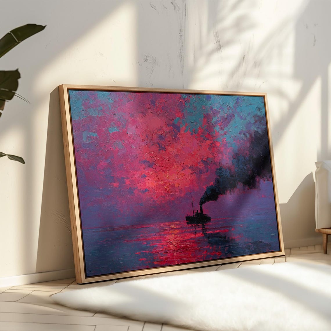 Steamboat Silhouette Sunset Magenta Sky Abstract Ocean Poster
