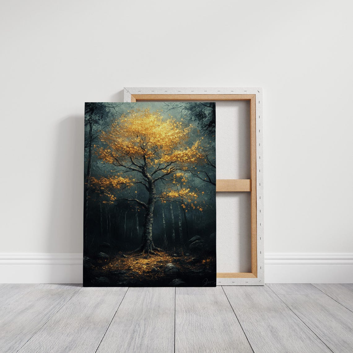 Golden Tree in Misty Dark Forest Glowing Woodland Illuminated Wall Art - Image 6