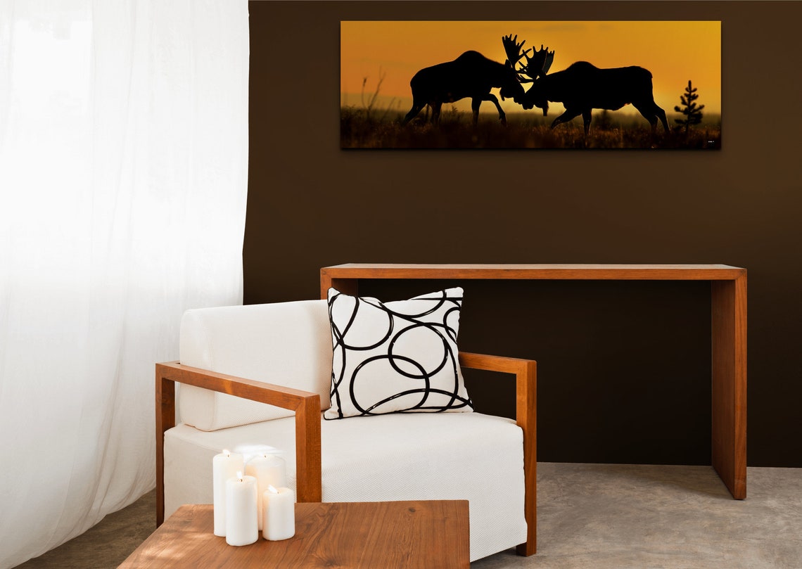 Clashing Moose at Sunset Wildlife Silhouette Panorama Wall Art - Image 5