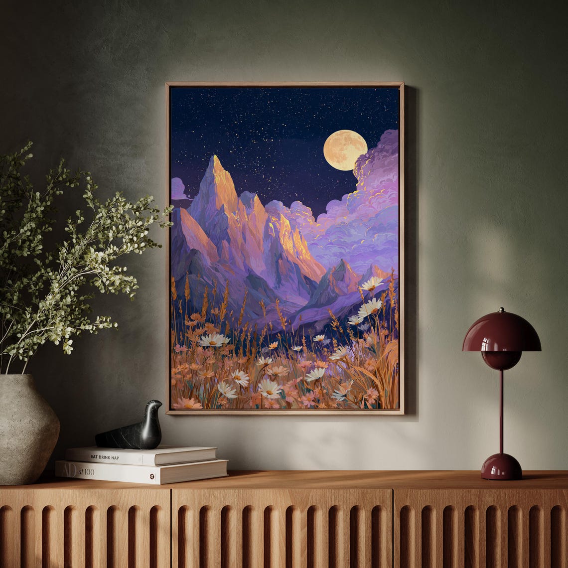 Moonlit Mountain Night Landscape with Wildflowers Purple Sky Poster