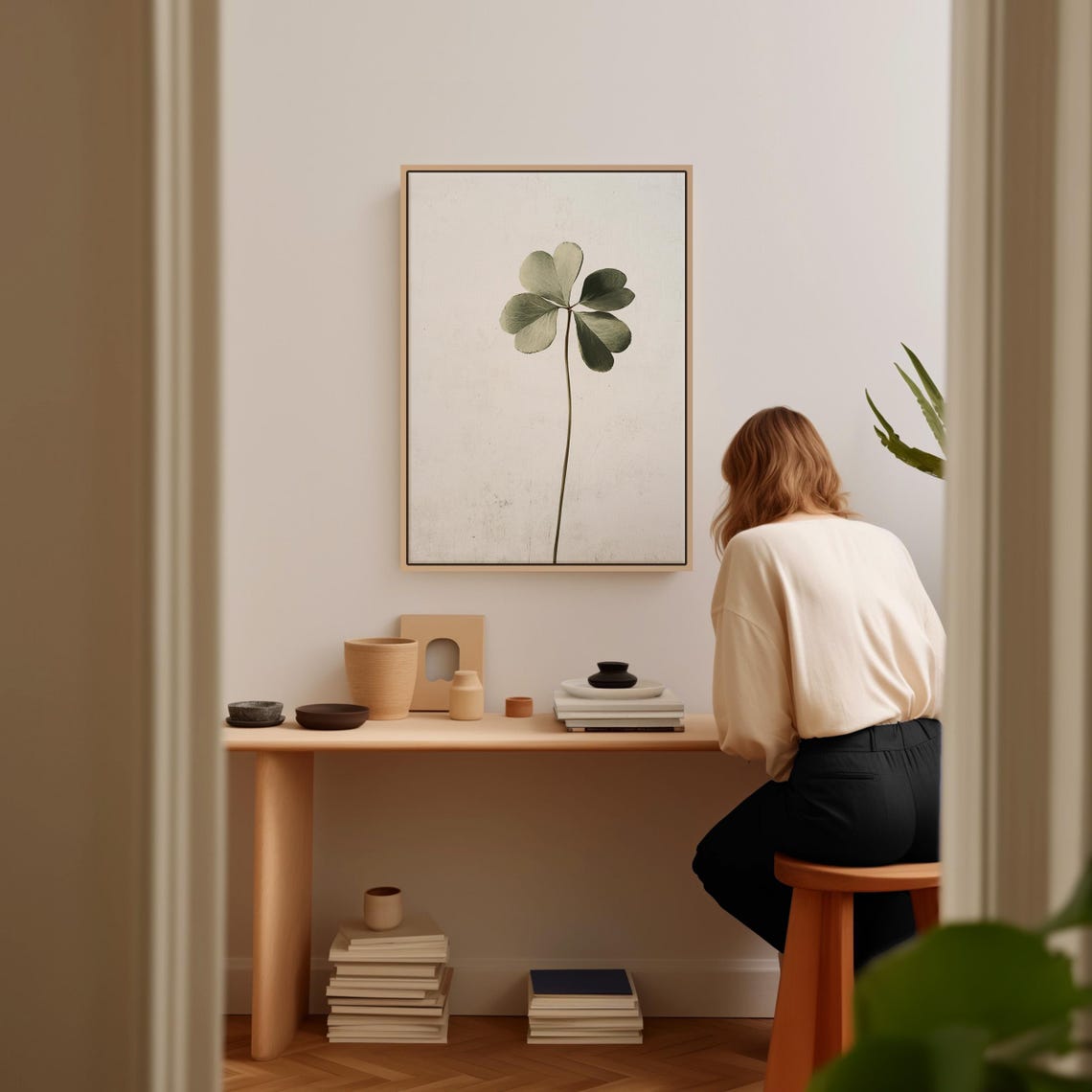 Neutral Green Clover Stem Minimalist Botanical Decor Wall Art - Image 5