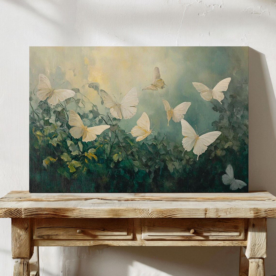 White Butterflies Rising Over Green Foliage Textured Art Poster - Image 7