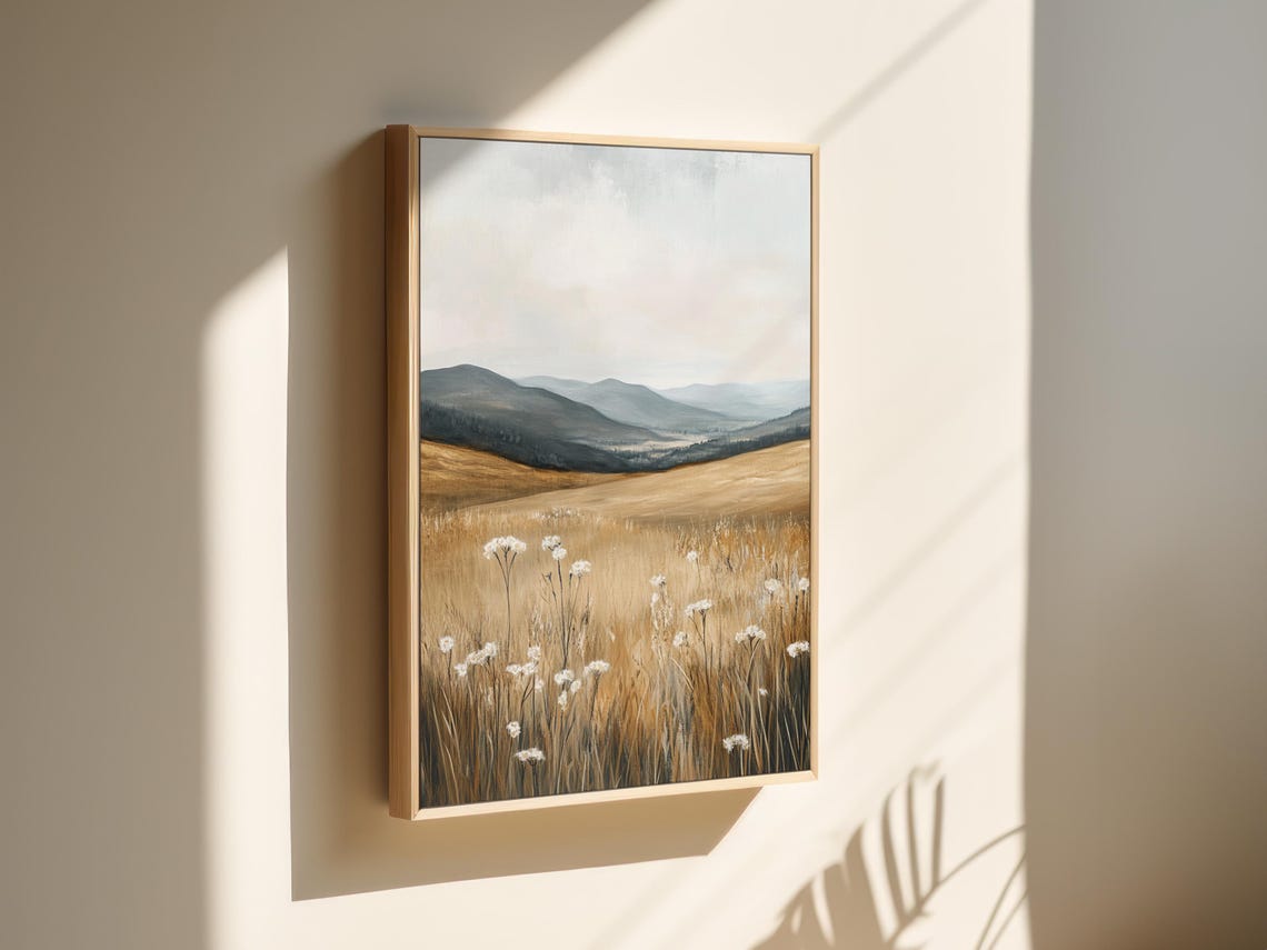 Rolling Golden Hills With Wildflowers And Hazy Blue Mountains Poster