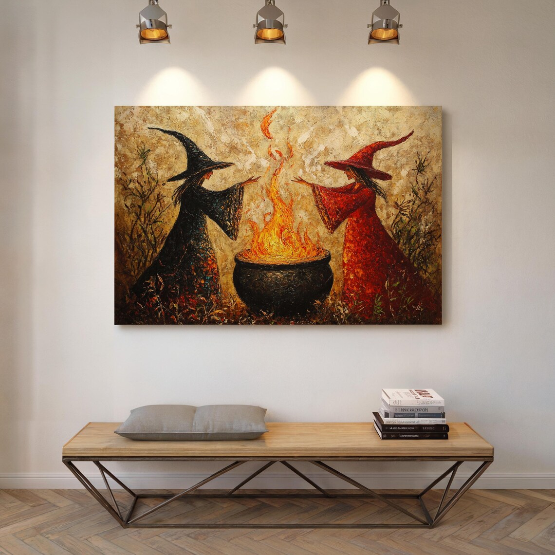 Mystical Witch Sisters Casting Fire Spell, Halloween Art Print - Image 6