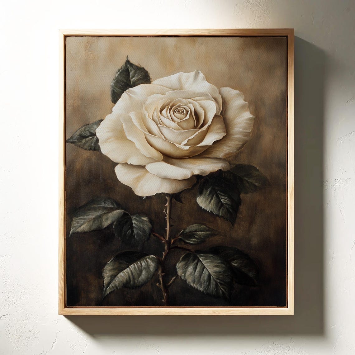 White Rose on a Tall Stem with Leaves Dark Vintage Botanical Poster - Image 4