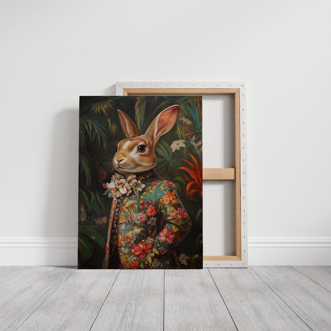 Elegant Rabbit in Ornate Floral Jacket Tropical Portrait Poster - Image 3