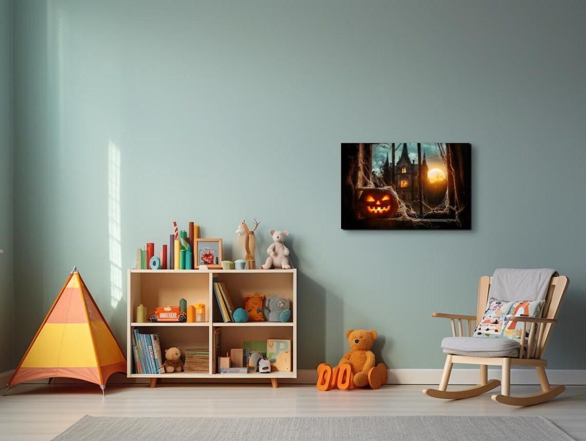 Carved Pumpkin Lantern on Window Sill With Haunted House at Night Poster - Image 6