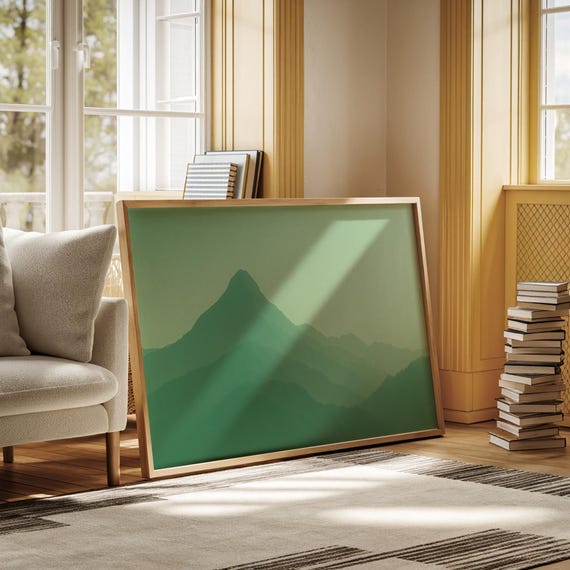 Minimalist Green Mountain Landscape Canvas Serene Layered Peaks In Monochrome For Calming Wall Art Decor