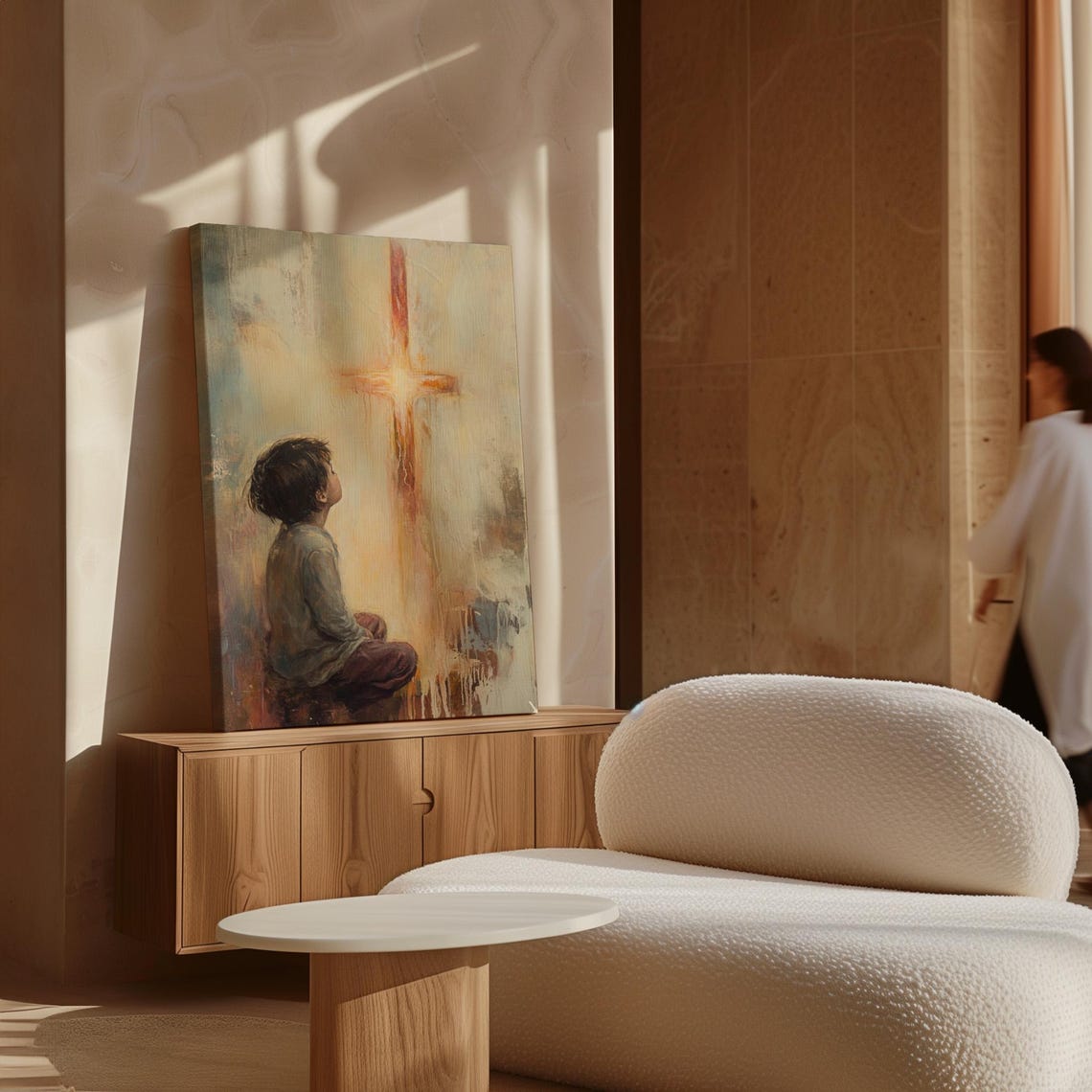 Small Child Gazing Up at a Glowing Cross in Soft Light Poster - Image 7