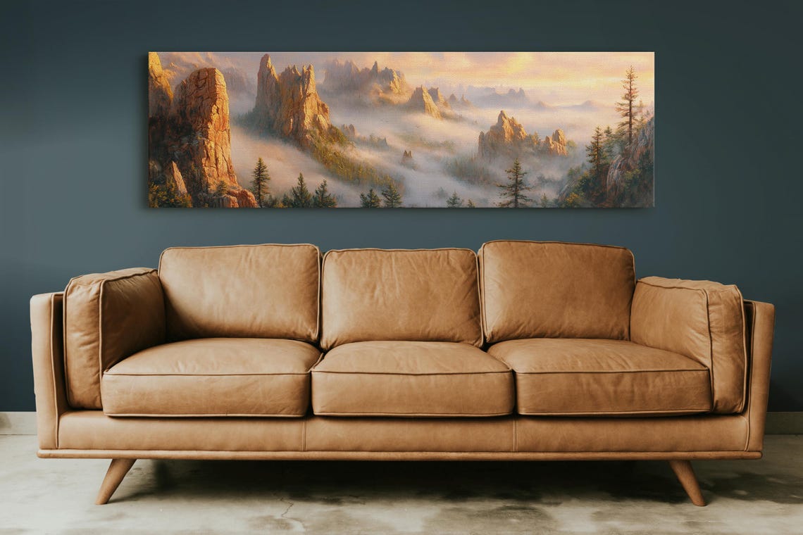 Golden Hour Misty Mountain Peaks Panoramic Fog Valley Poster - Image 2