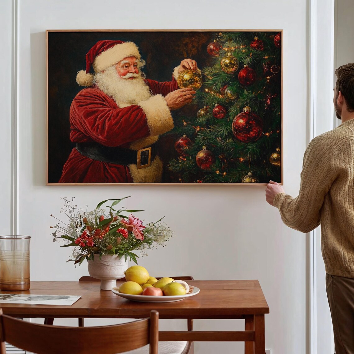 Santa Claus Hanging Gold Ornament on Christmas Tree Vintage Poster - Image 5