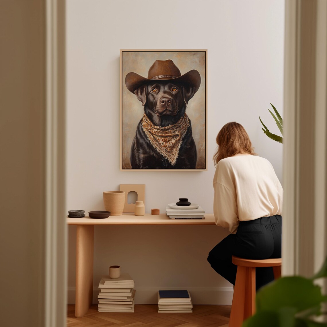 Handsome Chocolate Labrador Cowboy Western Dog Portrait Poster - Image 3