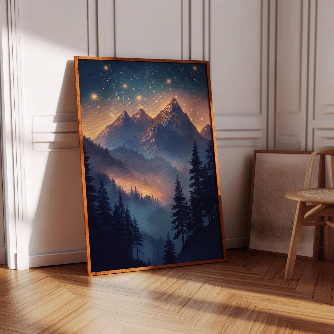 Majestic Starry Mountain Peaks Night Sky Pine Forest Glow Poster