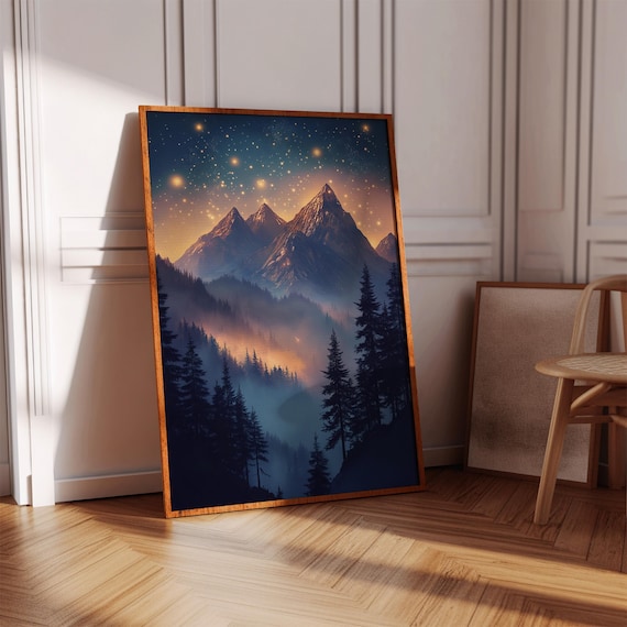 Majestic Starry Mountain Peaks Night Sky Pine Forest Glow Poster