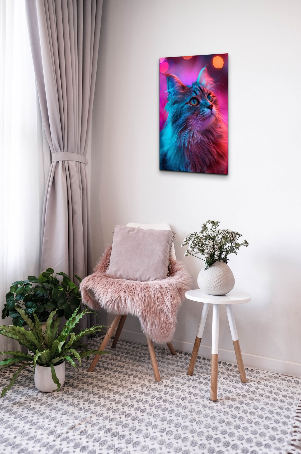 Long Haired Cat Neon Pink Blue Glow Portrait Moody Pet Poster - Image 5