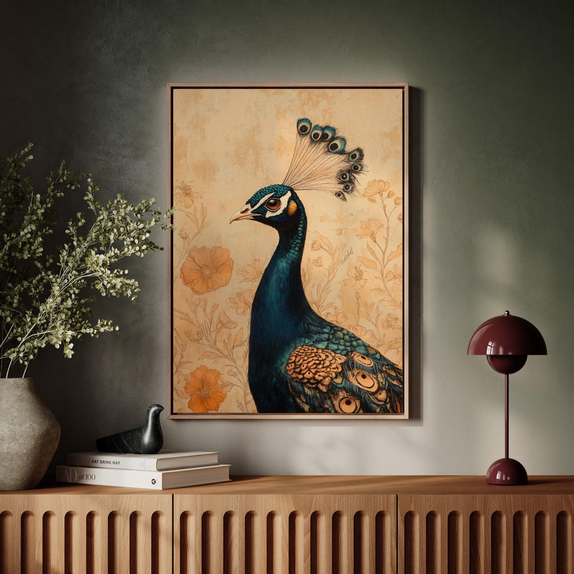 Teal Peacock Portrait Print with Warm Vintage Floral Beige Backdrop