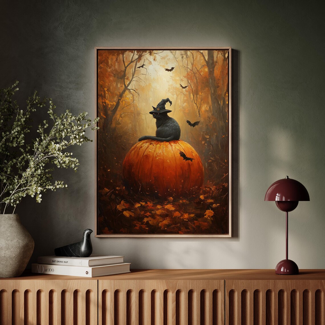 Black Cat Witch Hat On Pumpkin Autumn Forest Bats Spooky Halloween Poster - Image 4