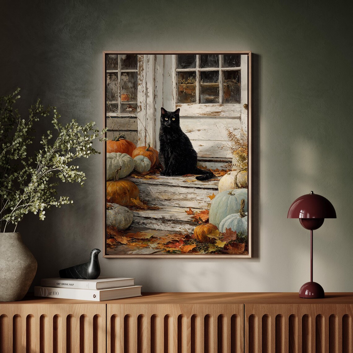 Black Cat On Autumn Porch Steps With Pumpkins Rustic Fall Season Wall Art