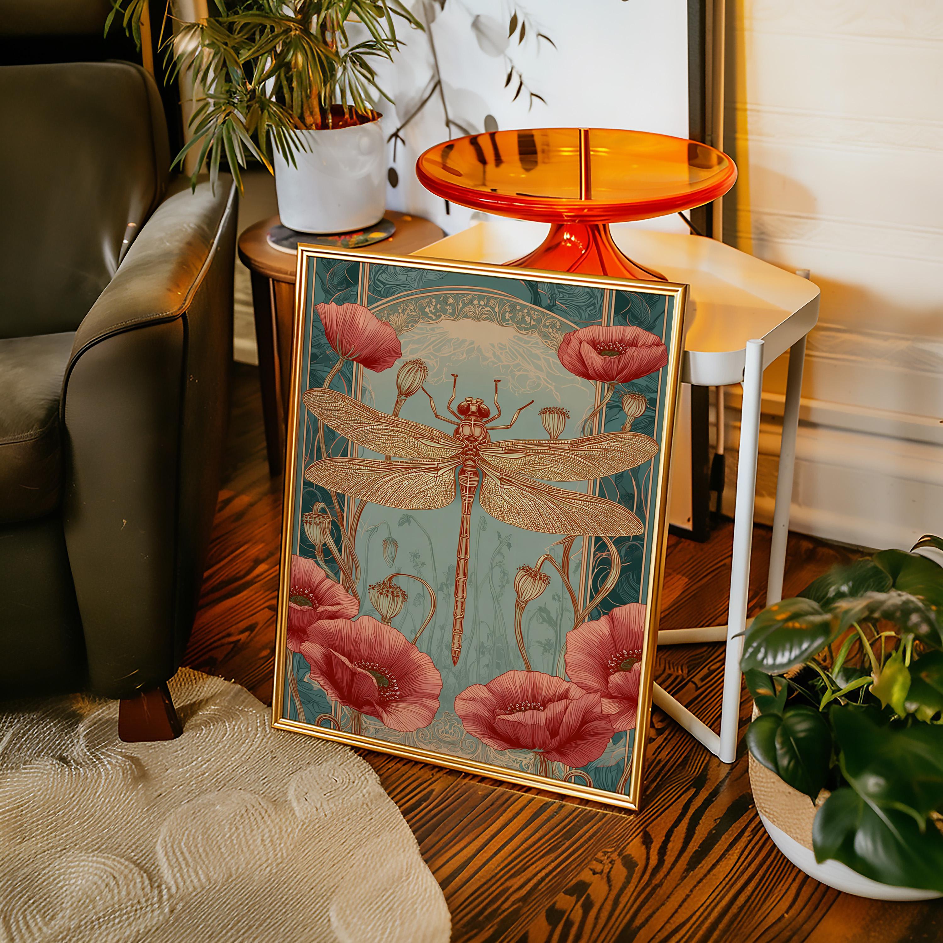 Dragonfly Wall Art Vintage Botanical Insect Canvas Red With Poppies Nature Inspired Gothic Boho Home Dcor Illustration