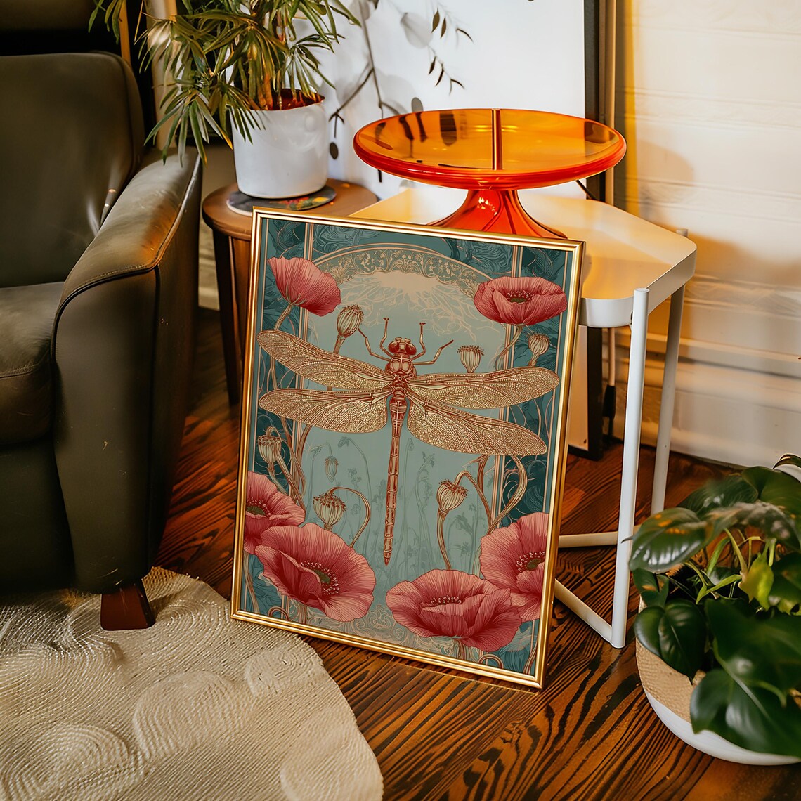 Golden Art Nouveau Dragonfly Red Poppies Teal Botanical Style Poster