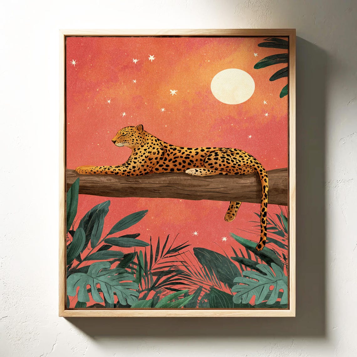 Leopard Resting On Moonlit Jungle Branch With Tropical Leaves Poster