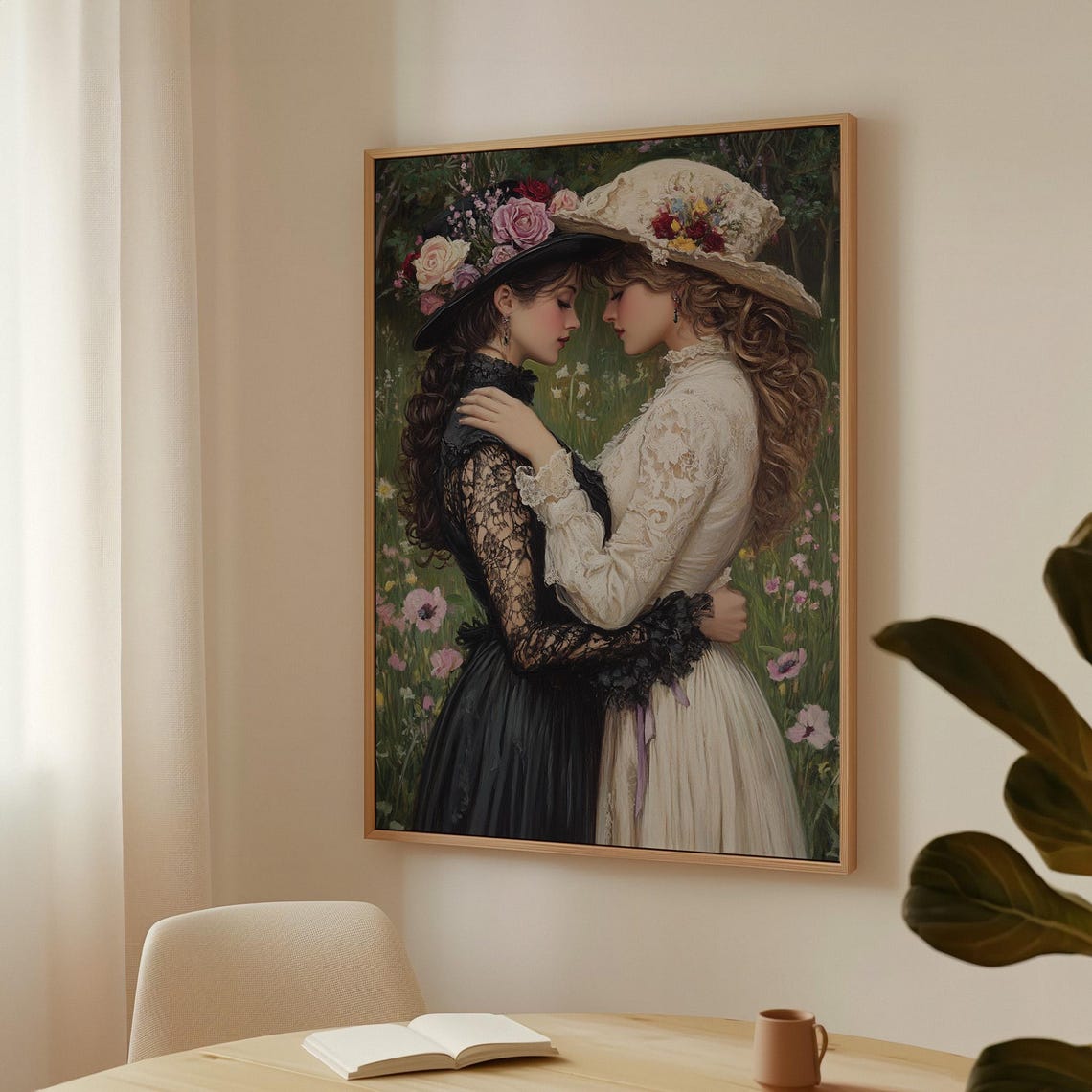 Two Women in Vintage Flower Hats Embracing in a Garden Poster - Image 3