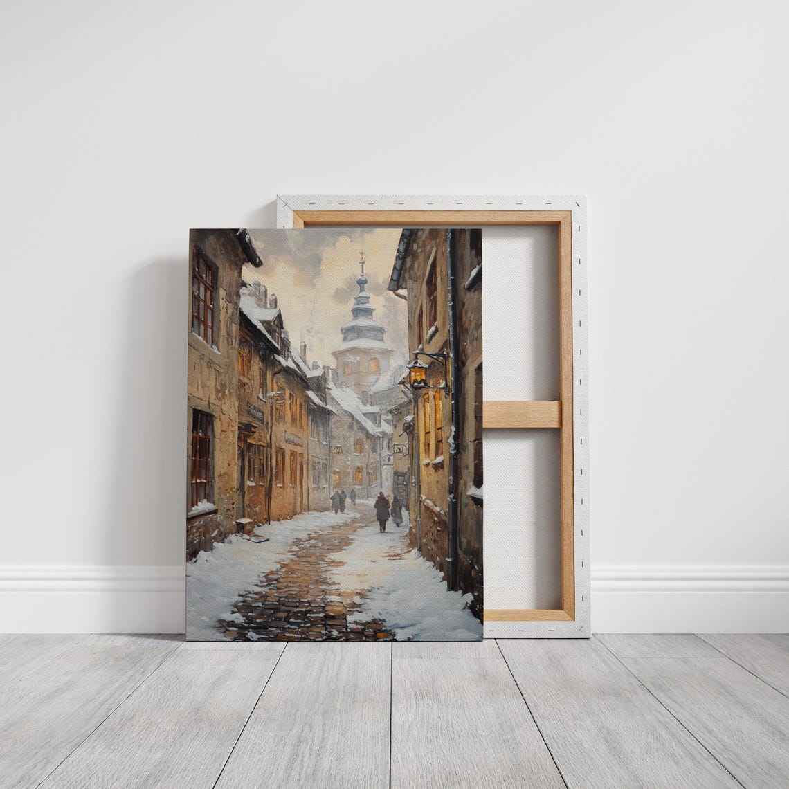 Snow Covered European Street with Church Tower Winter Poster - Image 3