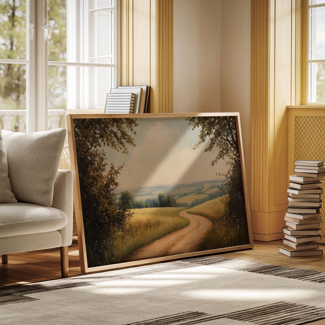 Winding Dirt Road Through Golden Meadow Vintage Countryside Poster - Image 2
