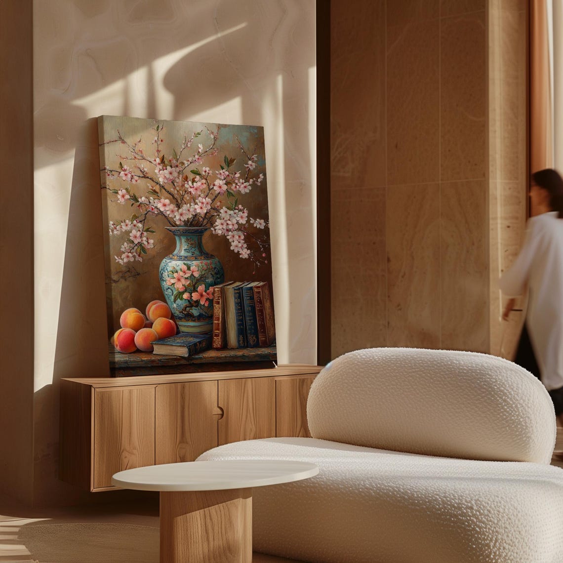 Elegant Cherry Blossom Vase Peaches Antique Books Still Life Poster - Image 6