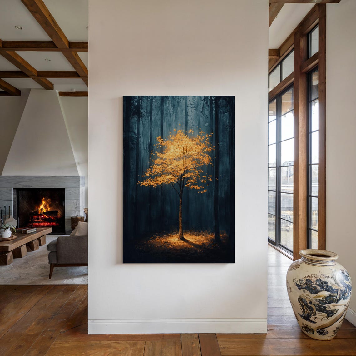 Golden Tree In Dark Forest Illuminated Nature Art Enchanted Forest Wall Decor For Serene Spaces - Image 5