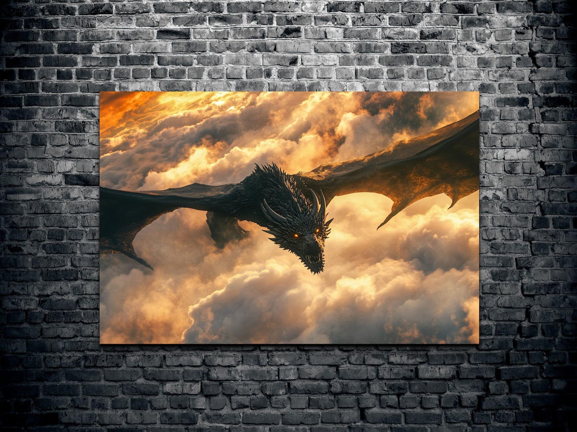 Fierce Black Dragon Soaring Through Golden Storm Clouds Poster - Image 2