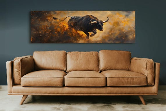 Charging Bull Art Fiery Animal Wall Decor With Bold Energy Dynamic Wildlife Painting For Strength Rustic Charm