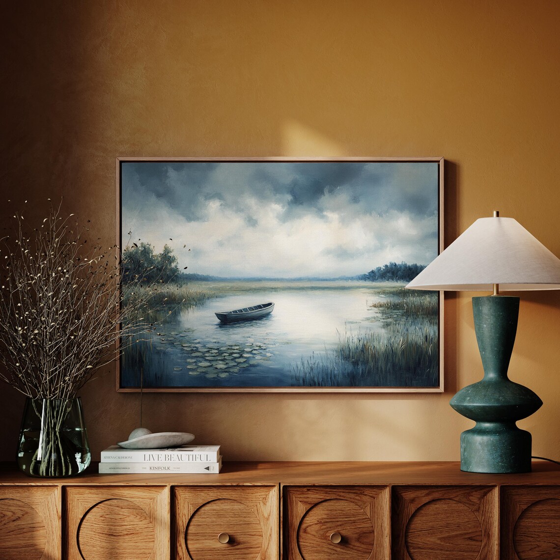Lonely Rowboat On Misty Lake, Vintage Landscape Art Print - Image 3