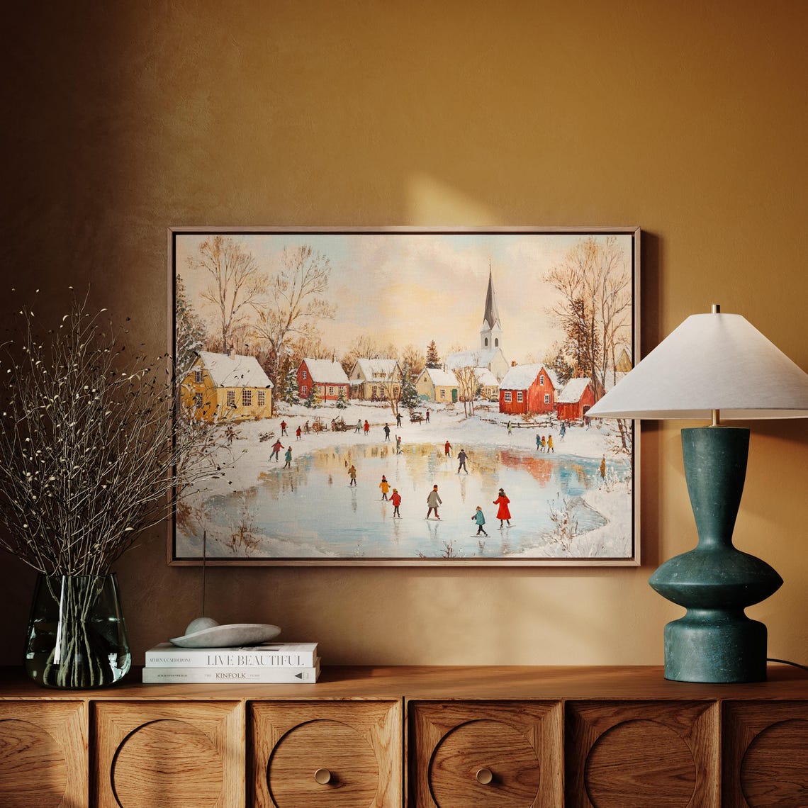 Charming Winter Village Ice Skating Pond Snowy Festive Scene Poster - Image 6