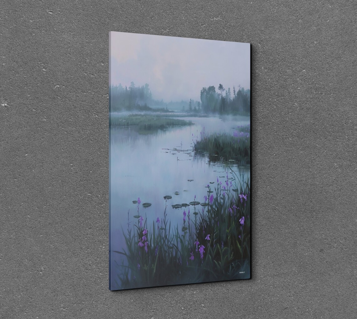 Purple Iris Blooms Beside Foggy Still Lake Floral Art Poster - Image 2