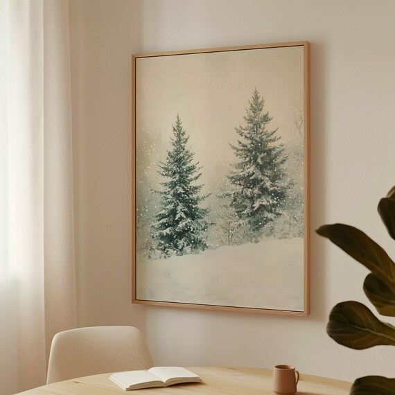 Snowy Evergreen Forest Two Pine Trees Pale Winter Woodland Poster